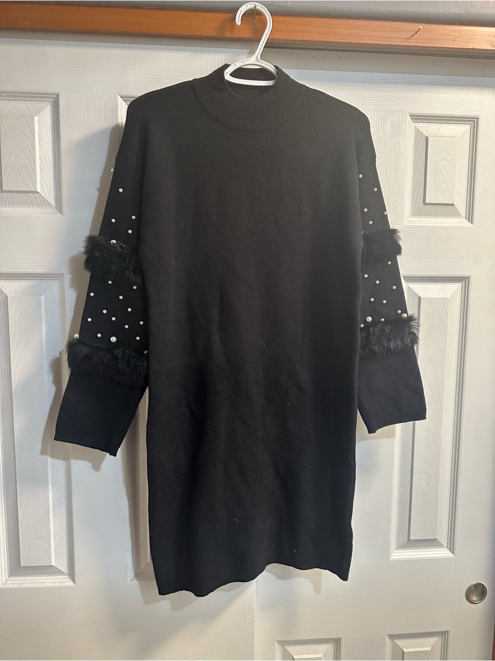 Black Pearl-Embellished Faux-Fur Trim Knit Turtleneck Dress
